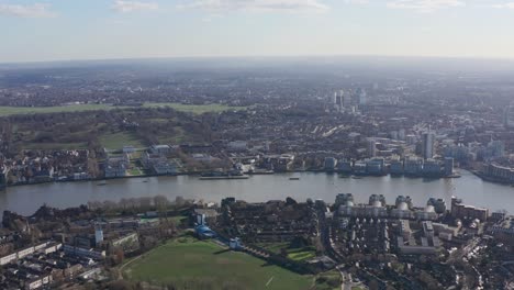 High-drone-shot-over-isle-of-dogs-towards-Greenwich-university-and-observatory