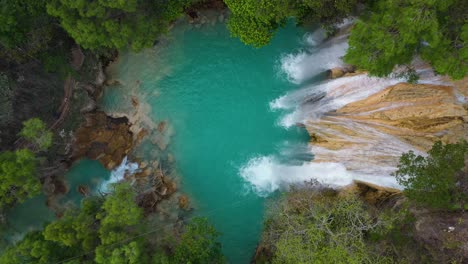 Aerial:-beautiful-tropical-waterfall-in-rainforest-jungle,-4K-view