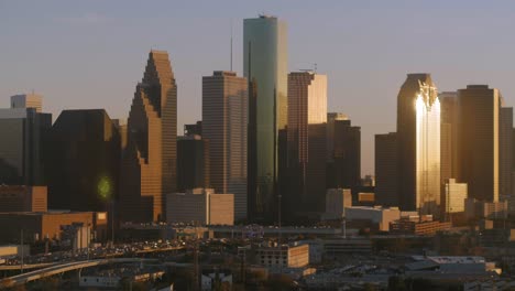 Aerial-view-of-downtown-Houston-during-sunset
