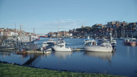Whitby,-North-York-Moors,-Static-Shot,-early-morning-sunshine-North-Yorkshire-Heritage-Coast,-Yachts-and-Abbey-BMPCC-4K-Prores-422-Clip-3-Jan-2022