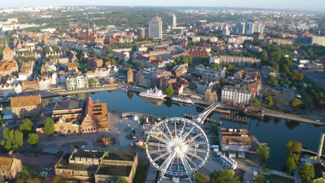 Birds-Eye-View-of-AmberSky-Ferris-Wheel,-Polish-Baltic-Philharmonic-in-Gdansk-at-Sunrise