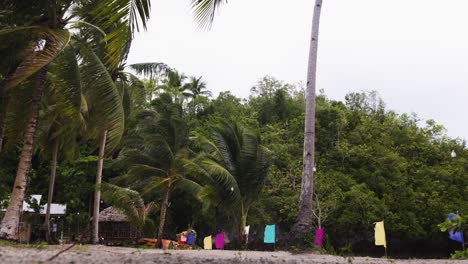 Palmen,-Kokospalmen-Und-Bunte-Fahnen-Am-Strand,-Die-Von-Starkem-Wind-Auf-Den-Philippinen-Geweht-Werden