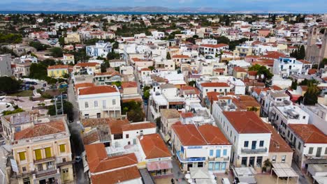 Aerial-drone-view-to-Aegina-island-with-buildings-veiw-,-Saronic-Gulf,-Greece