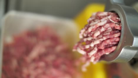 Food-processing,-grinding-machine-producing-minced-meat,-close-up