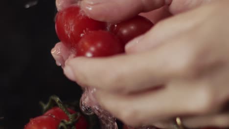 slow-motion-of-hands-gently-rinsing-a-bunch-of-beautiful-ripe-cherry-tomatoes-under-running-pure-water---close-up
