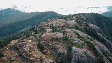 Sub-Alpine-Ridge-Aerial-on-Vancouver-Island-Mountains,-Minnas-Ridge