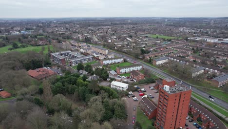 Harlow-Essex-UK-Aerial-view-of-streets-and-red-tower-block-footage