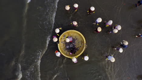 Aerial-top-down-view-of-Vietnamese-people-with-typical-rice-hat-cleaning-coracle-boat