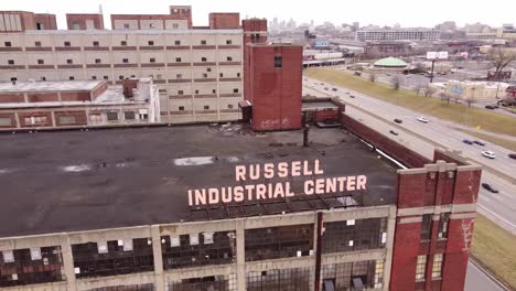 Vintage-building-of-Russel-Industrial-center-in-downtown-Michigan,-aerial-shot