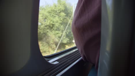 Passenger-sitting-next-to-train-window-while-travelling-through-rural-landscape