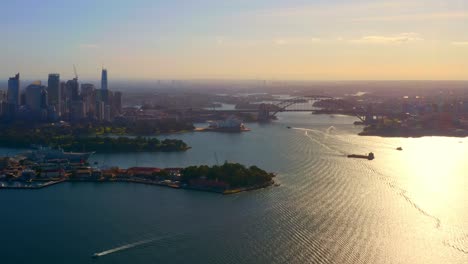 Zoom-In-Aerial-view-of-Port-Jackson-Bay-in-Daytime,-Sydney,-NSW-Australia