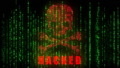 High-tech-motion-graphic,-with-animated-binary-code-theme,-with-red-high-tech-hacker-style-skull-and-crossbones-motif-and-flashing-Hacked-text,-with-matrix-style-binary-code-rain-code-flowing-upwards