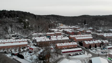 Buildings-in-Swedish-neighborhood-covered-in-snow