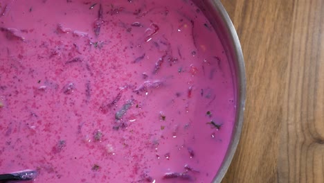 Delicious-cold-beetroot-soup-in-top-down-pan-view