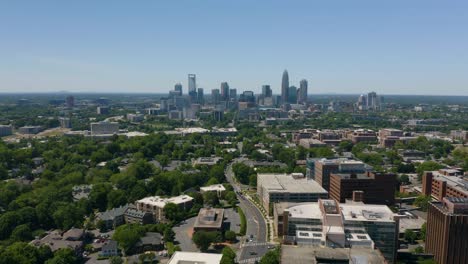 Aerial-Hyperlapse-Away-from-Downtown-Charlotte,-NC-on-Beautiful-Day