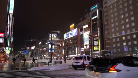 Beautiful-illuminated-downtown-of-Sapporo,-Hokkaido-at-night-during-winter