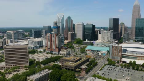 Aerial-Flight-Over-Downtown-Charlotte-on-Clear-Summer-Day