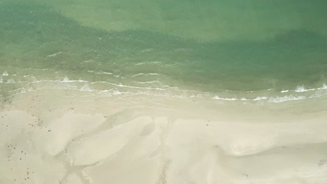 Aerial-birds-eye-view-down-shot-of-pristine-tropical-sand-beach-with-ocean