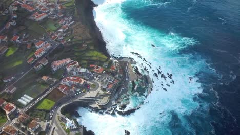 Aerial-view-of-Porto-Moniz-natural-pools,-Madeira,-Portugal