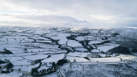 North-York-Moors-Snow-Scene-Drone-Flight,-Castleton,-Westerdale,-Rosedale,-Flight-over-Castleton,-Winter-cold-and-moody-clouds,-Phantom-4,-Clip-4