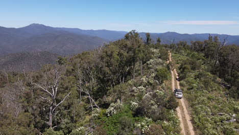 Drone-shot-of-4WD-Toyota-Driving-in-the-bush-with-mountains-in-the-Background-near-Lake-Eildon,-Victoria-Australia