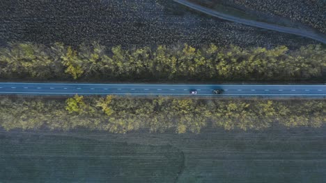 Topdown-View-Of-Cars-Traveling-On-Asphalt-Road-Lined-With-Autumnal-Trees