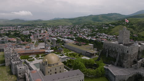 Aerial-View-Of-Akhaltsikhe-Castle-Complex-Near-Vardzia,-Samtskhe-Javakheti,-Southern-Georgia