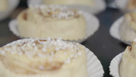 Close-up-slide-shot-of-unbaked-raw-cinnamon-buns-on-a-tray