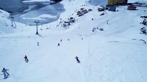 Panoramic-view-of-Ski-station-centre-resort-at-snowy-Andes-Mountains-near-Santiago-Chile