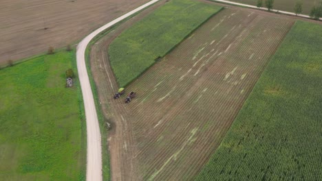 Partly-harvested-cornfield-with-two-tractors-for-silage-management,-aerial-view