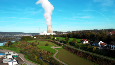 Nuclear-power-plant-in-the-evening-sun-in-4k