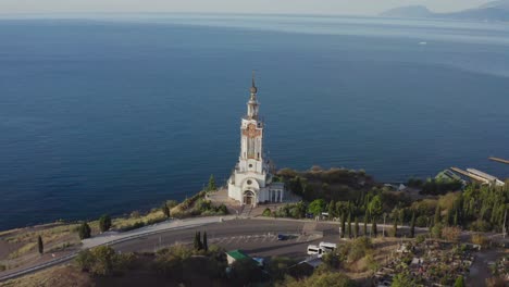 Aerial-view-church-tower-on-coastline-landscape-002