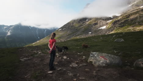 A-young-girl-enjoying-a-beautiful-view-surrounded-by-goats-and-mountains