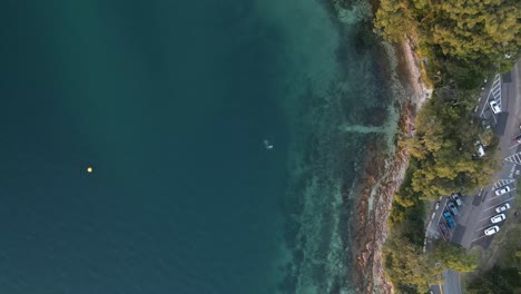 Static-high-drone-view-looking-down-on-a-coastal-headland-next-to-a-carpark-and-road-with-scuba-divers-in-the-water