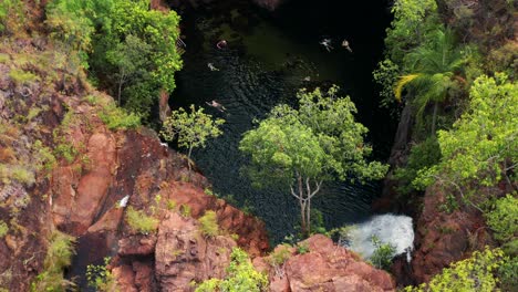 Blick-Von-Oben-Auf-Die-Touristen,-Die-Am-Wasserloch-Von-Florence-Falls-Im-Litchfield-Nationalpark-In-Australien-Schwimmen