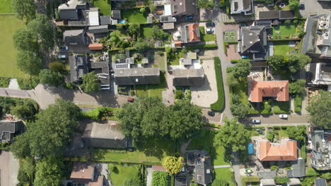 Top-down-aerial-of-beautiful,-wealthy-neighborhood-with-green-gardens-and-quiet-streets