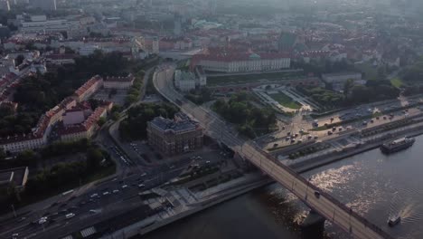 Drone-video-of-the-riverside-in-the-Old-Town-of-Warsaw,-Poland