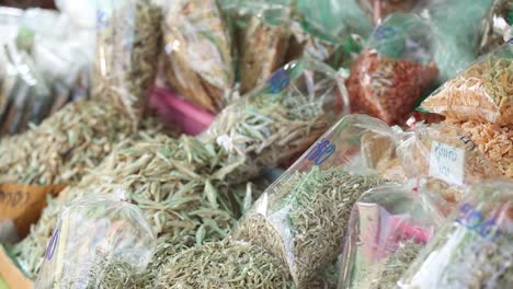 Different-Kinds-Of-Dried-Seafood-Packed-In-Plastic-Bag,-Displaying-At-Local-Seafood-Shop