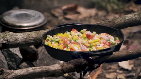 Cooking-Colorful-Peppers-In-Cast-Iron-Pan-Over-A-Campfire-In-Pulau-Ubin,-Singapore---close-up