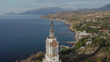 Aerial-view-church-tower-on-coastline-landscape-004