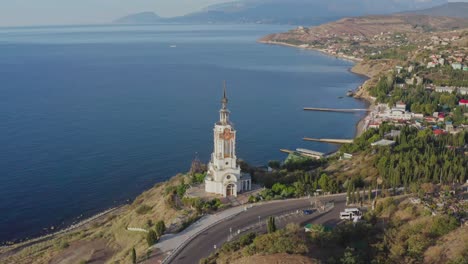 Aerial-view-church-tower-on-coastline-landscape-003