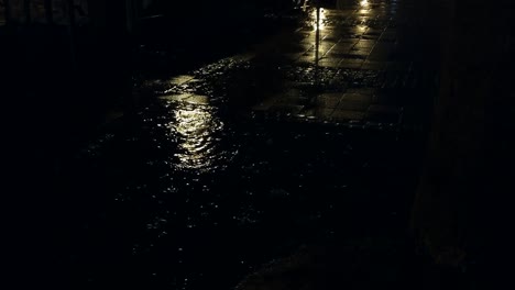 Puddle-in-the-city-at-night-with-rain-downfall