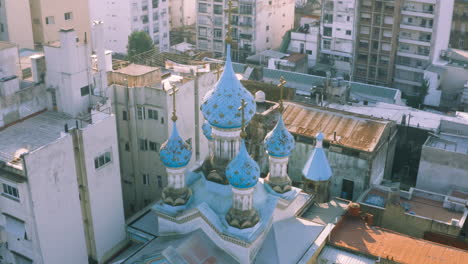 AERIAL---Russian-Orthodox-Cathedral,-San-Telmo,-Buenos-Aires,-Argentina,-rising