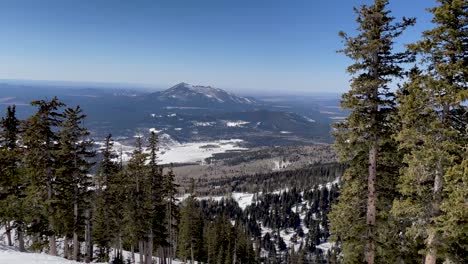 View-from-the-top-of-a-ski-run-at-Arizona-Snowbowl,-Mount-Humphrey-of-pine-trees-in-the-wind,-and-Kendrick's-Mountain-in-the-distance,-Flagstaff,-Arizona
