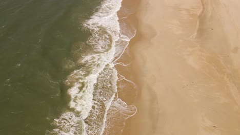 Ocean-waves-gently-crushing-into-an-yellow-sand-beach,-drone-moving-forward-over-the-line-formed-by-the-waves-and-the-beach