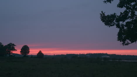 Blätter-Fallen-Vor-Einem-Wunderschönen-Roten-Sonnenuntergang