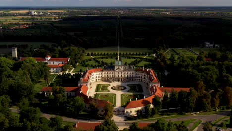 Cinematic-drone-shot-of-the-Palace-Esterházy-Kastély-in-Hungary