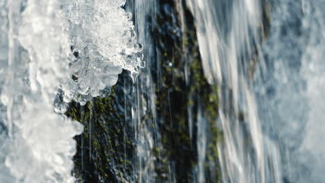 small-waterfall-with-drop-in-the-frozen-river,-static-close-up,-slow-motion