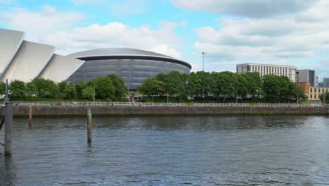Pan-From-The-Finnieston-Crane-To-The-Sse-Hydro-And-Armadillo,-Glasgow