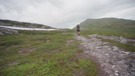 Turista-Que-Lleva-Una-Enorme-Mochila-De-Senderismo-Caminando-Con-Su-Perro-En-El-Sendero-De-Montaña-Trekanten-En-Noruega